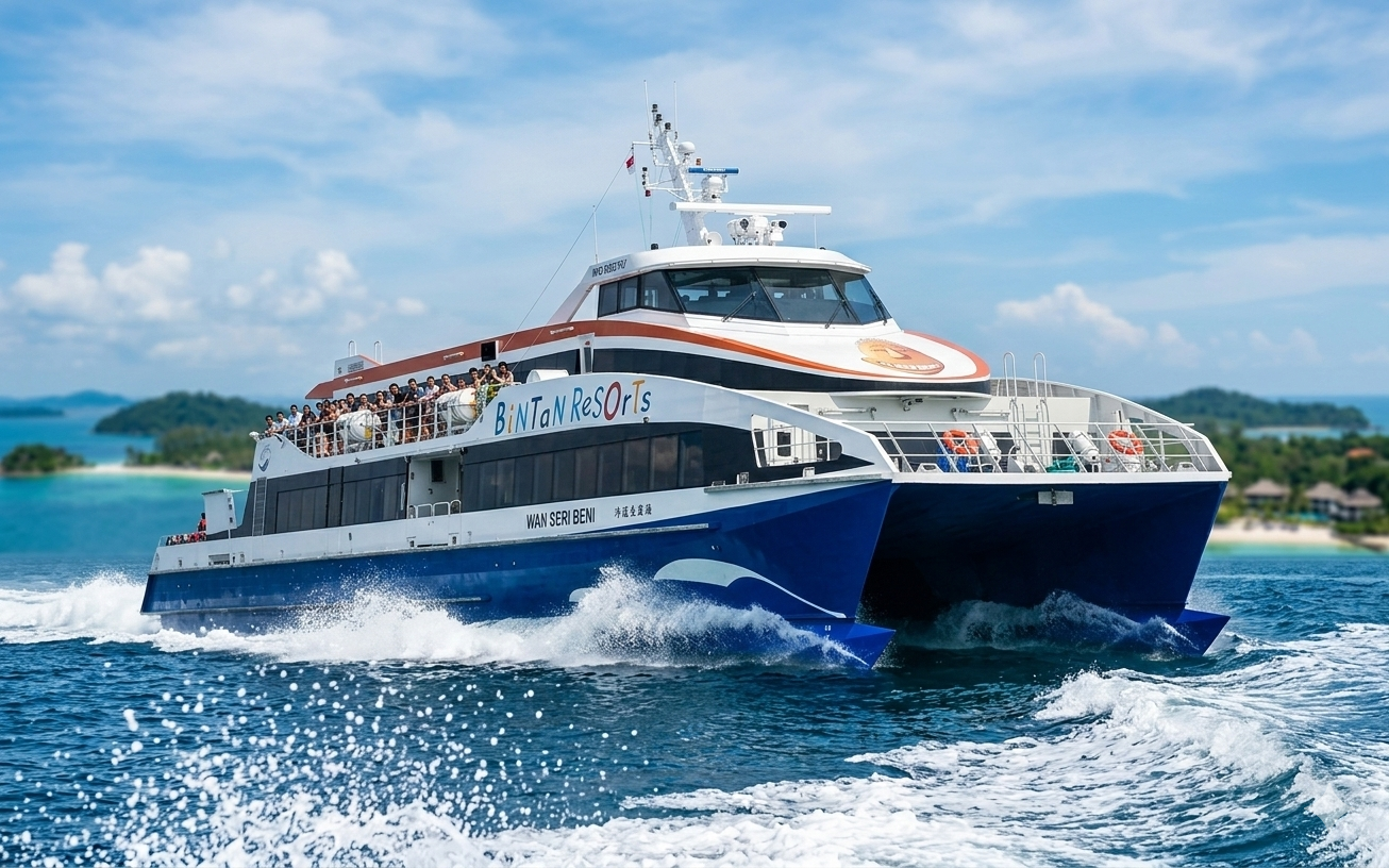 A high-speed ferry at the terminal ready for a last-minute Bintan trip booked through the fantastic Bintantrip guide.