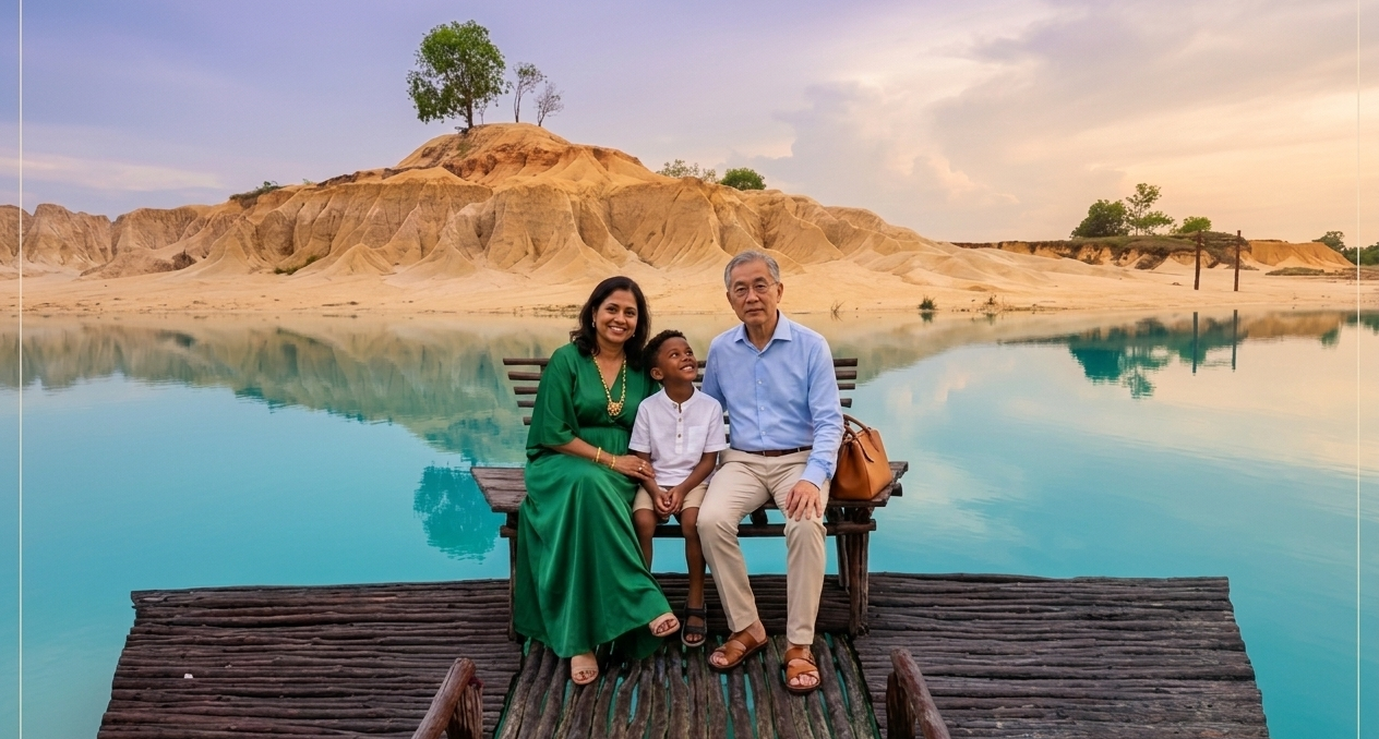 A happy family enjoying water activities and kayaking at Treasure Bay Bintan crystal lagoon.