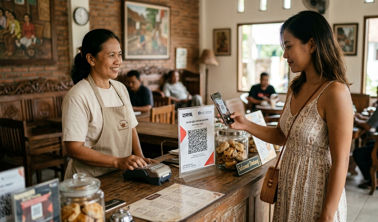 A tourist scanning a QRIS code at a local Bintan café for payment.