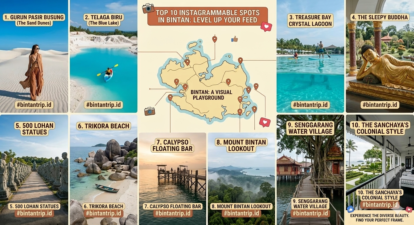 A collage of 10 panels featuring popular tourist attractions in Bintan, Indonesia.