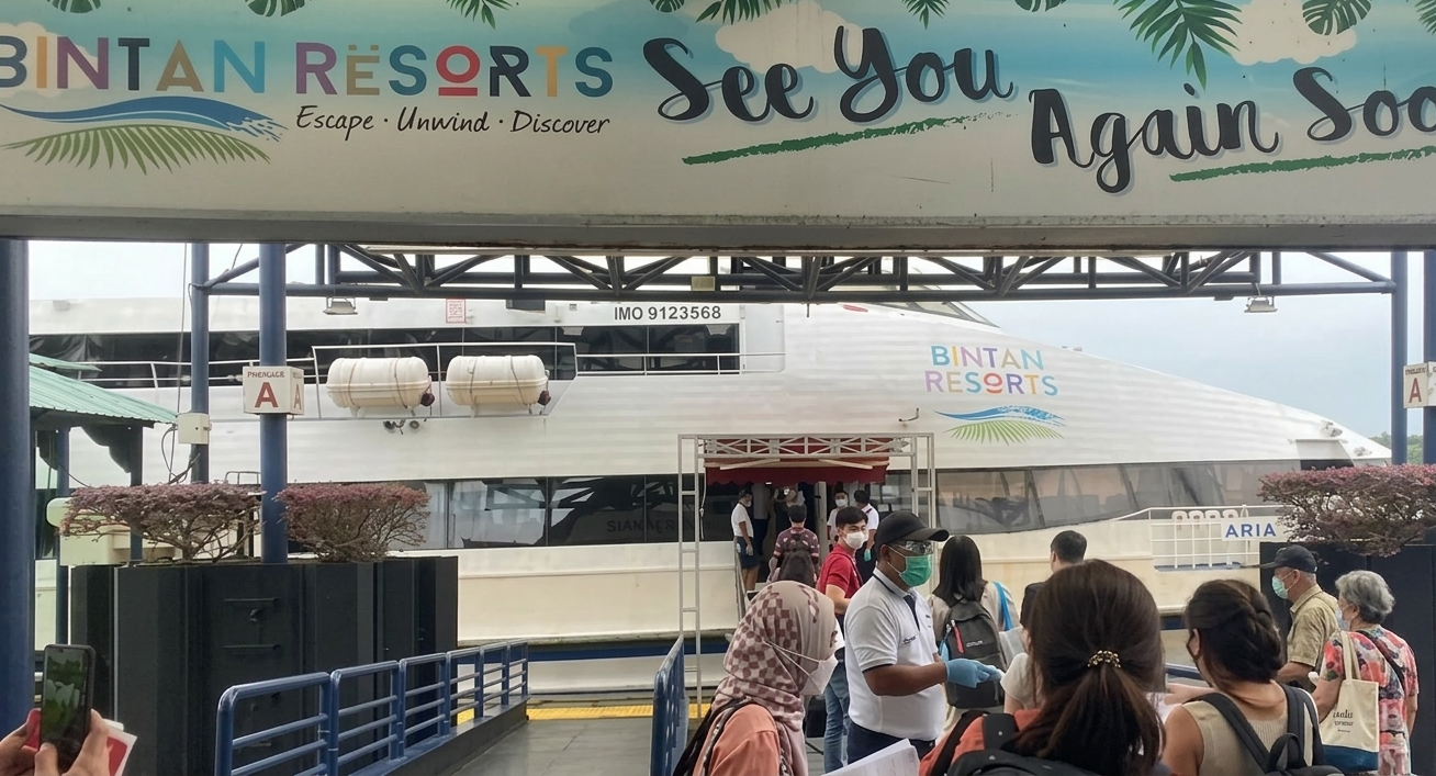 Travelers arriving at the Bandar Bentan Telani Ferry Terminal in Bintan.