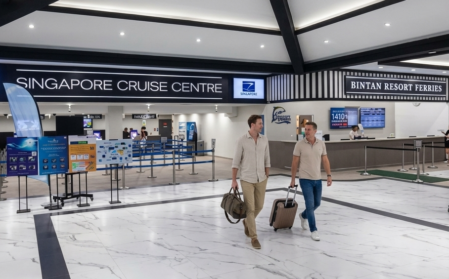 A happy Singaporean family boarding the ferry at Tanah Merah Ferry TerminalA happy Singaporean family boarding the ferry at Tanah Merah Ferry Terminal