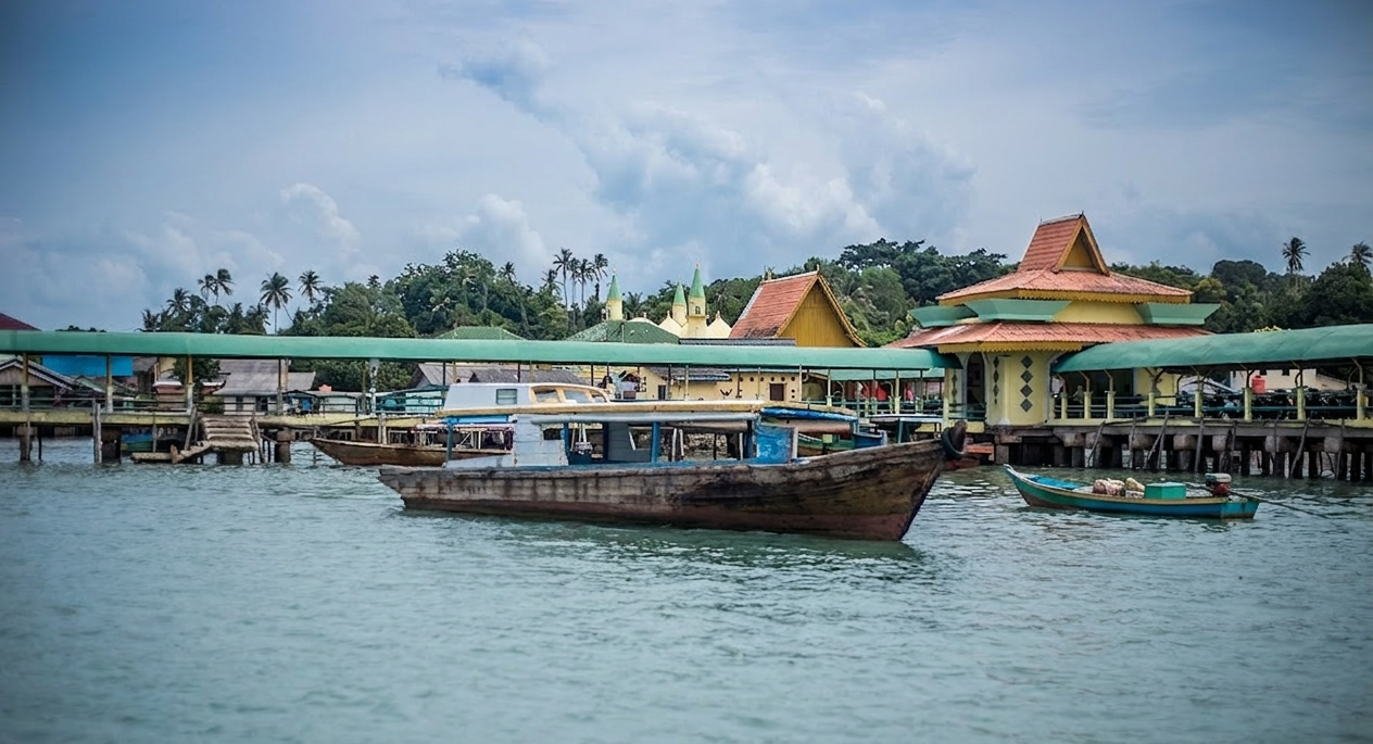 A traditional wooden pompong boat crossing the water to Tanjung Pinang.