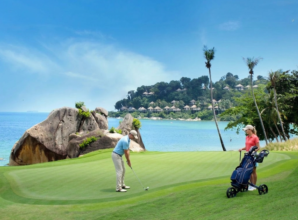 A golfer teeing off at the famous oceanfront hole at Ria Bintan.