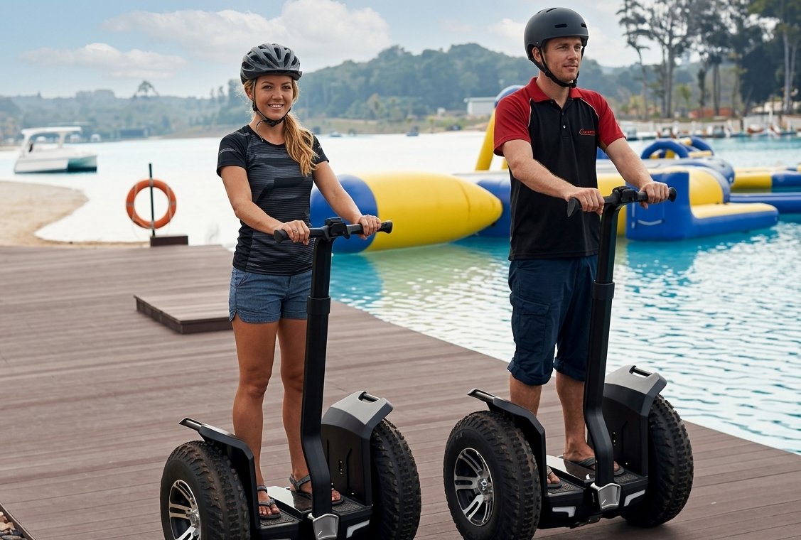 Two tourists ride Segway scooters on a wooden boardwalk at a lagoon resort.