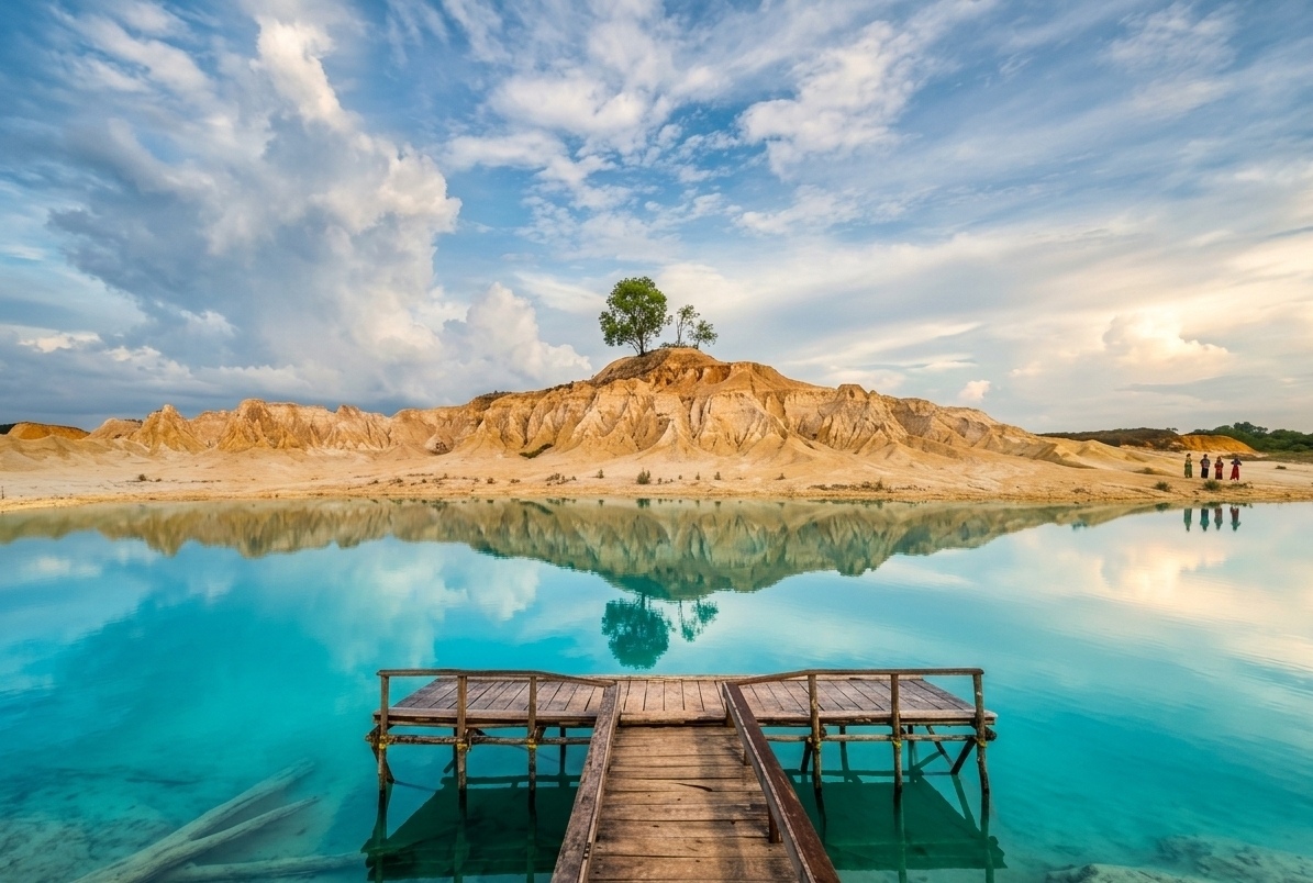 Panoramic view of Blue Lake (Telaga Biru) in Bintan showing its clear turquoise water and surrounding landscape.