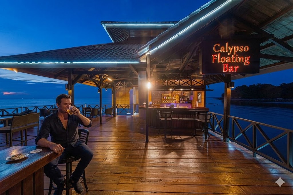 A vibrant wooden bar on a pier over the ocean at night with neon lights.