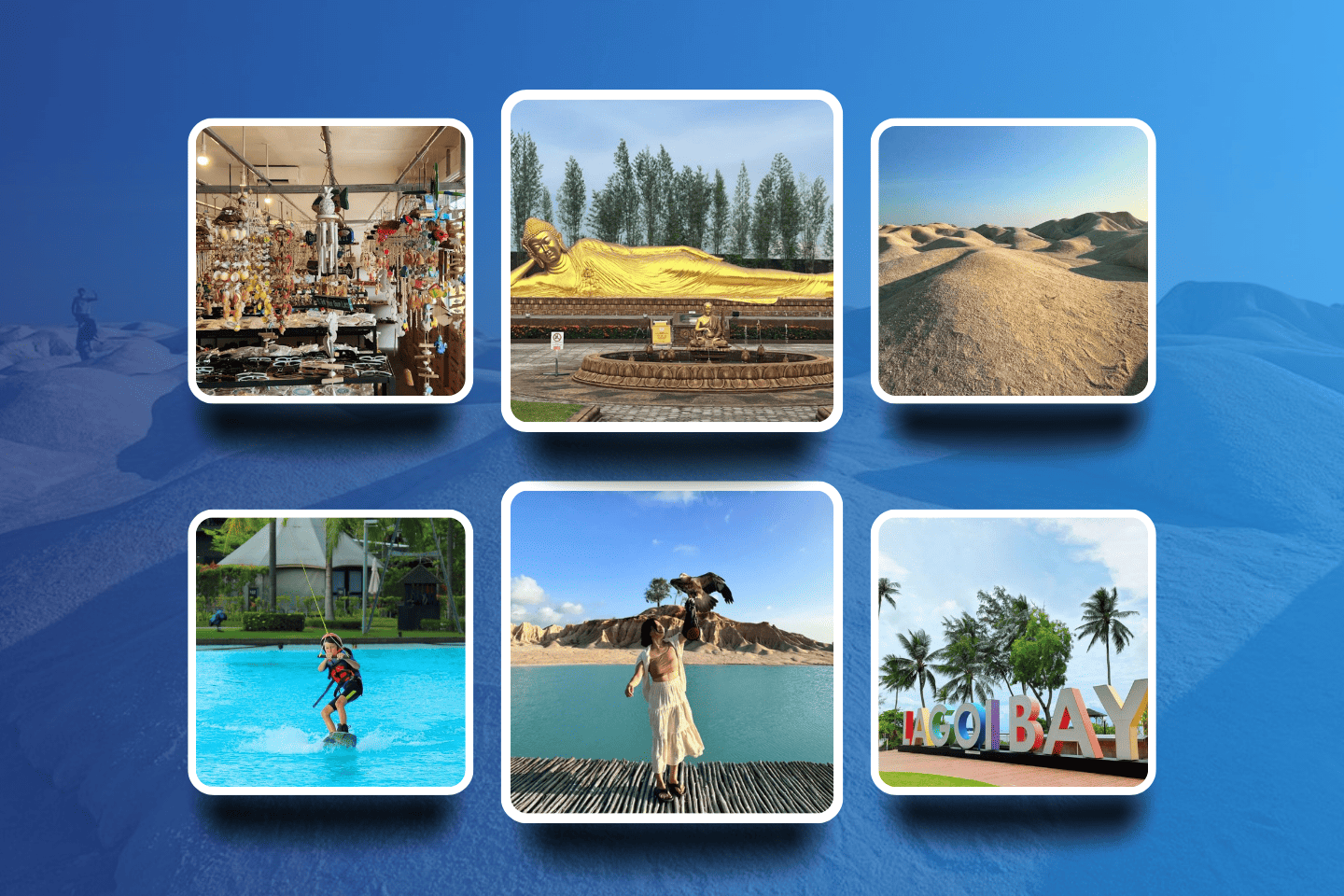 Collage of the Reclining Buddha, Treasure Bay, and beautiful desert landscapes in our comprehensive full-day Bintan Tour Packages.