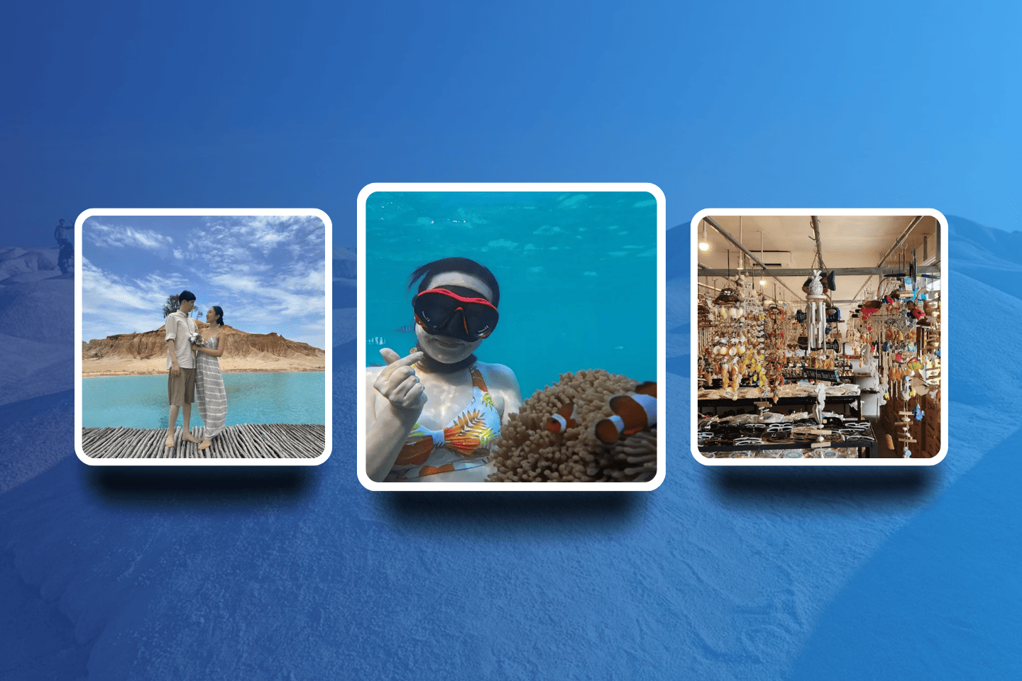Photo collage highlighting Trikora beach snorkeling and scenic natural views perfectly combined in our full-day Bintan Tour Packages.
