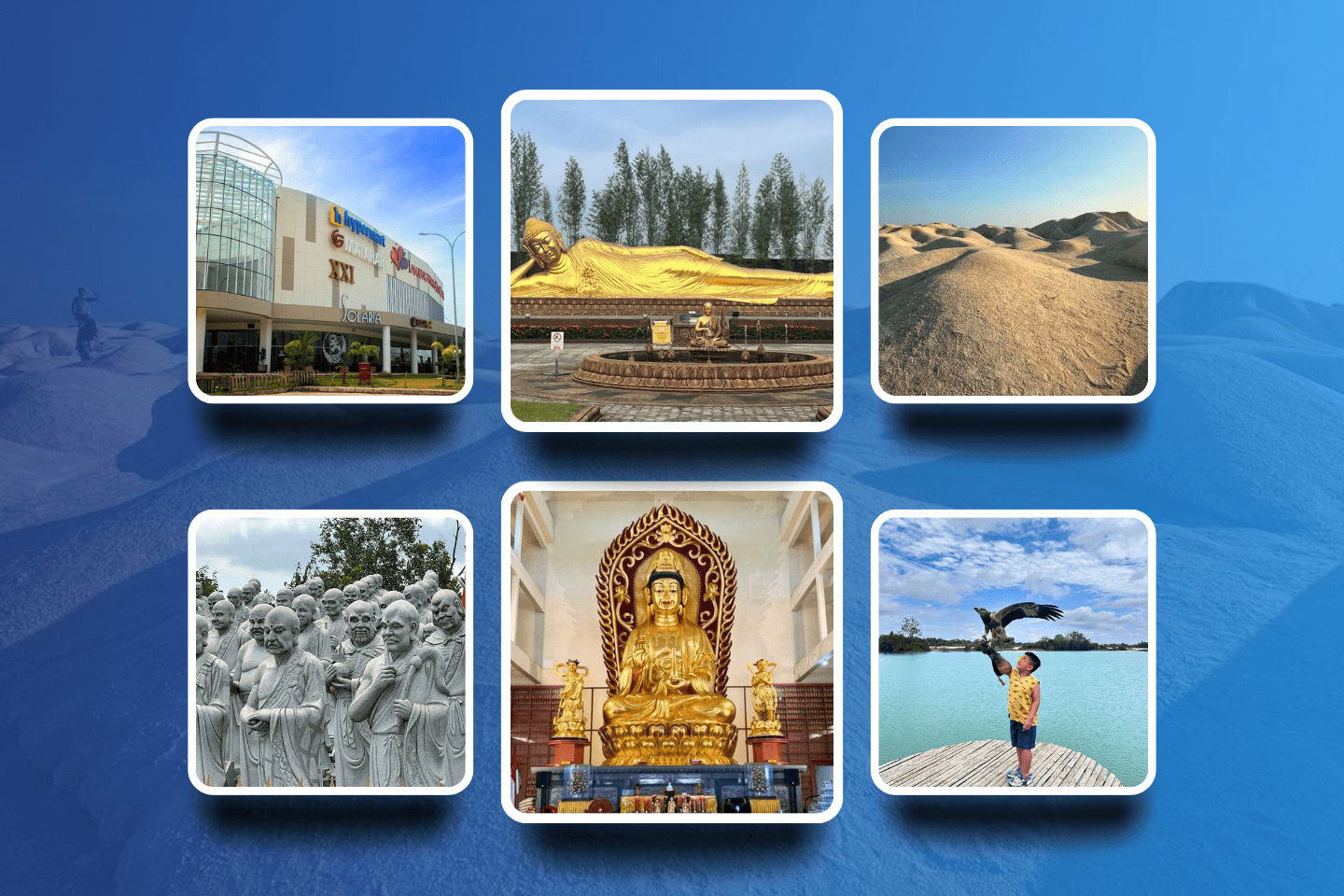 Collage featuring local temples, shopping centers, and natural iconic landmarks included in our full-day Bintan Tour Packages.